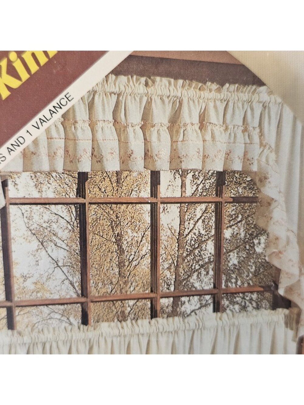 Vintage NOS Ruffled Window Valance White Beige Floral Embroidery 54"x11" New